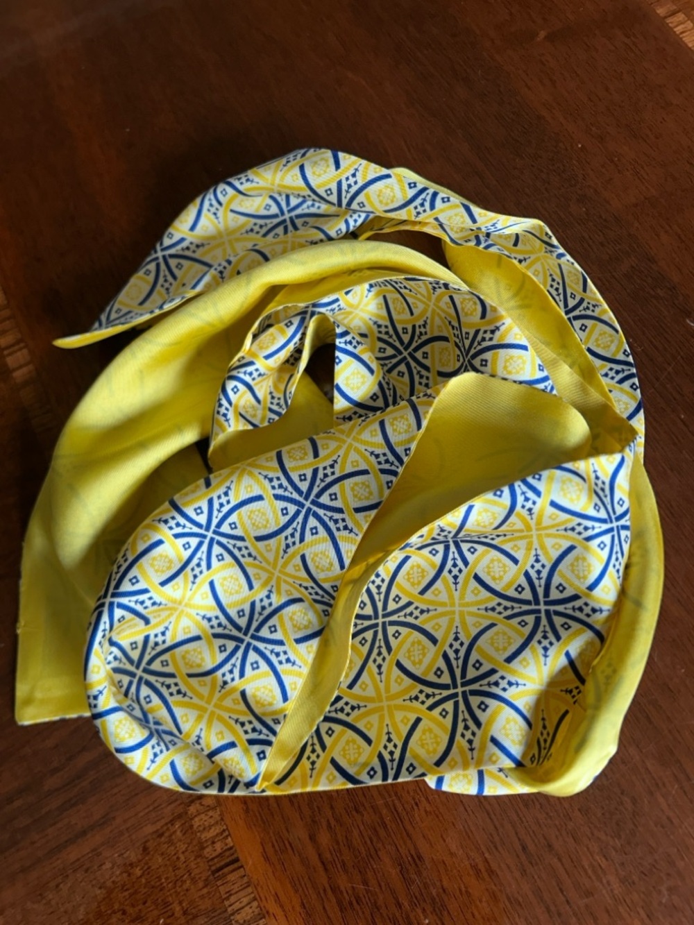 Yellow and Blue Geometric Silk Scarf 4“ x 64“